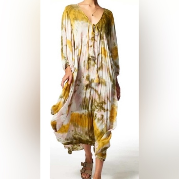 LOWEST PRICE! YBF Dawn Tie-Dye Maxi Dress Rayon Olive Green, Gold w MEASUREMENTS - Picture 13 of 13